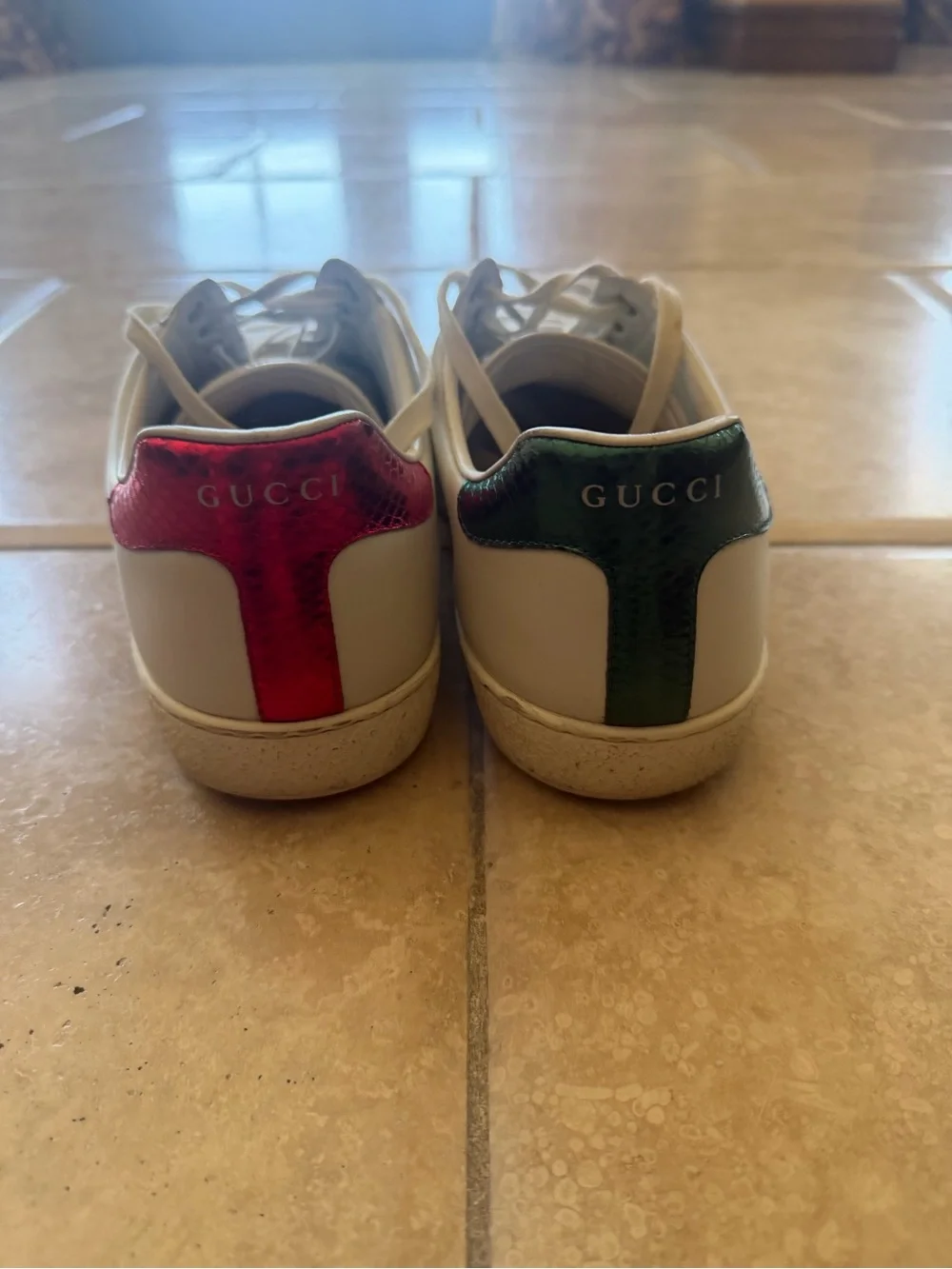 Gucci White Leather Sneakers with Red Heel and Green-Red Stripe Tiger Patch